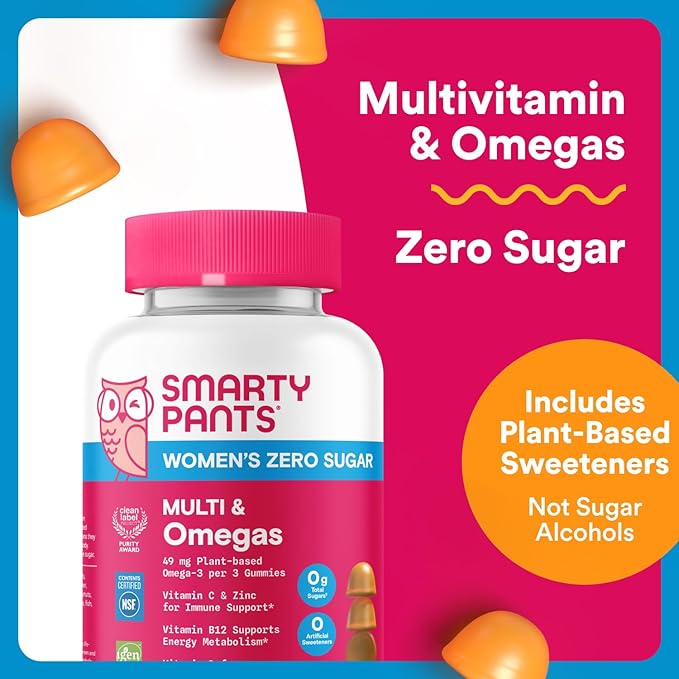 SmartyPants Zero Sugar Women’s Multivitamin Gummies: Biotin, Methylfolate, Omega 3 (ALA), Vitamin D3, C, Vitamin B12, B6, A, K, Zinc, Inositol, Gluten Free, No Sugar Alcohols, 90 Count (30 Day Supply)