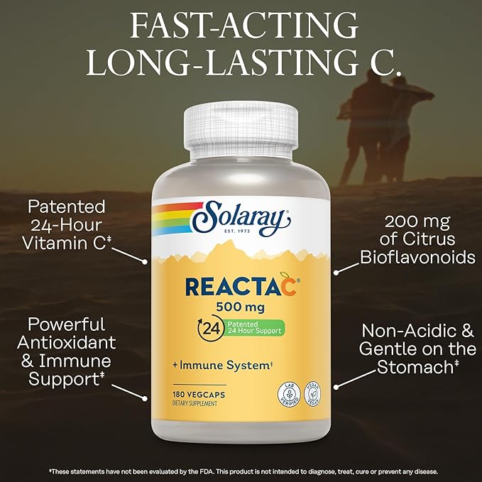 SOLARAY ReactaC Vitamin C 500mg - Patented 24-Hour Immune Support Supplement - Vitamin C with Bioflavonoids and Rutin - Antioxidant and Immune Defense - Vegan, 60-Day Guarantee - 180 Servings