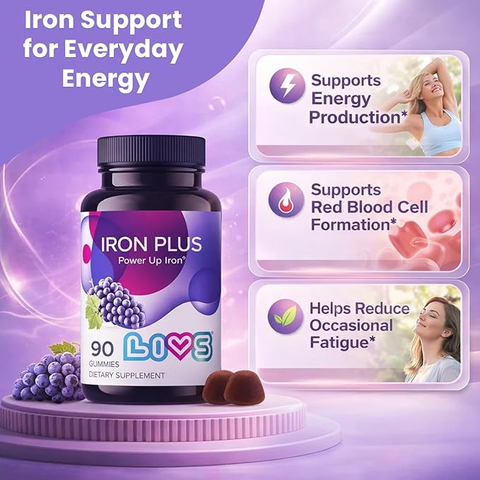 LIVS Iron Plus Gummies – 20mg Gentle Iron Supplement for Women & Men – Anemia Support – Vitamin C for Absorption – Biotin, Folate & B12 for Energy – Gluten Free, Vegan, Halal & Kosher – 90 Count