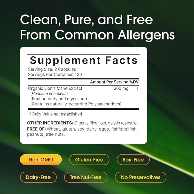 NatureBell Lion’s Mane - 240 Capsules - Organic Fruiting Body & Mycelium - Brain, Immune & Energy Support* - High-Potency Extract - Non-GMO & Gluten-Free