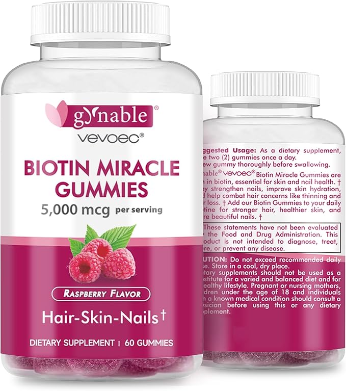 Hair Skin and Nails Vitamins: Biotin Gummies - 5000mcg Biotin for Hair Growth and Stronger Nails for Women & Men - Vegan Gummy Vitamin B7, 30 Days Supply, Raspberry,60 Counts