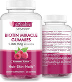 Hair Skin and Nails Vitamins: Biotin Gummies - 5000mcg Biotin for Hair Growth and Stronger Nails for Women & Men - Vegan Gummy Vitamin B7, 30 Days Supply, Raspberry,60 Counts