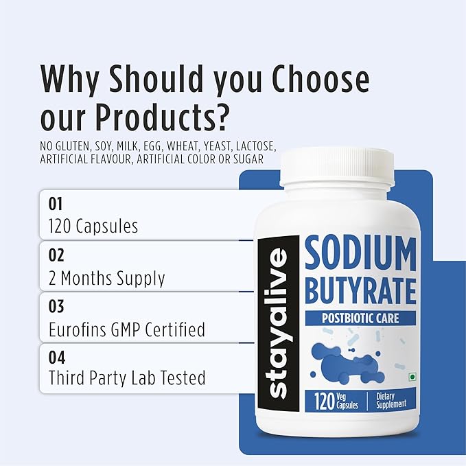 STAY ALIVE Sodium Butyrate Supplement 1200mg, Pure Butyric Acid Postbiotic, 120 Count, 2 Month Supply, Non-GMO and Gluten-Free Butyrate Powder Capsules