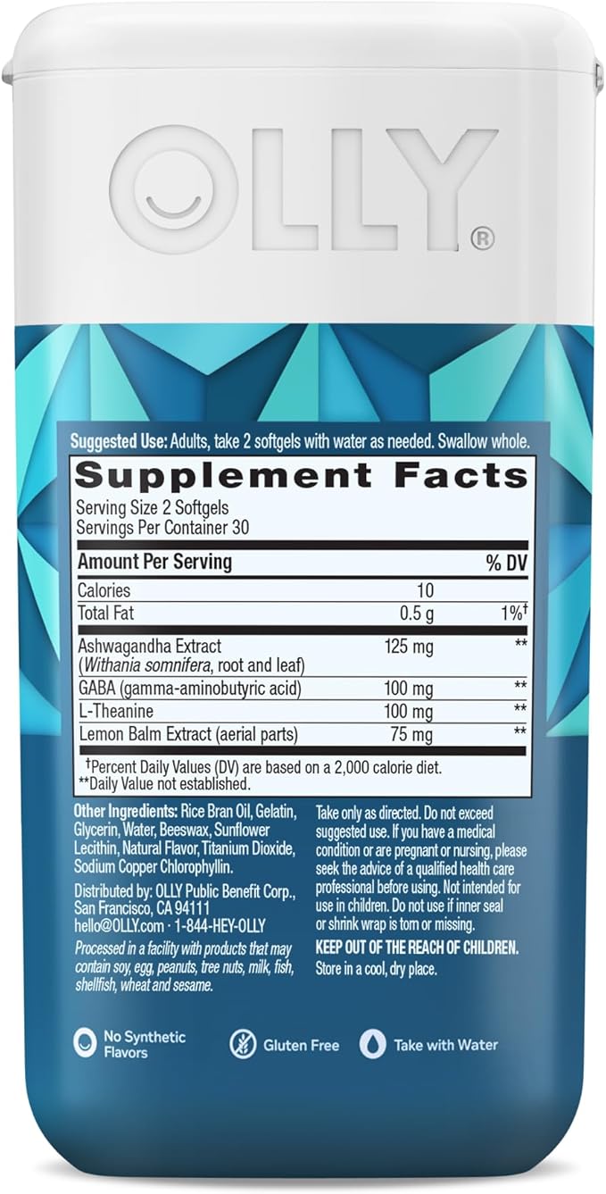 OLLY Ultra Strength Goodbye Stress Softgels, GABA, Ashwagandha, L-Theanine and Lemon Balm, Stress Relief Supplement - 60 Count