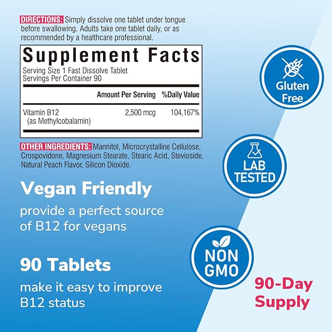 Vitamin B12 2500 mcg, Extra Strength Sublingual Methylcobalamin, Natural Peach Flavor, Nervous System, Energy Support, No Sugar, 90 Fast Dissolve Tablets