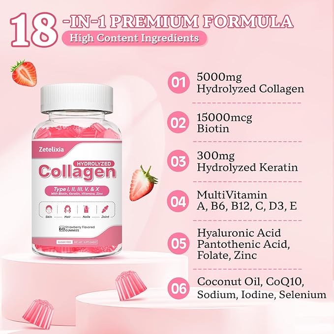2 Pack Collagen Gummies for Women Men, Hydrolyzed Collagen Peptide Type I,II,III,V,X with Biotin, Vitamin C A B D E for Skin Hair Nails J0ints, Immunity Energy Digestion, Sugar Free, 120 Count