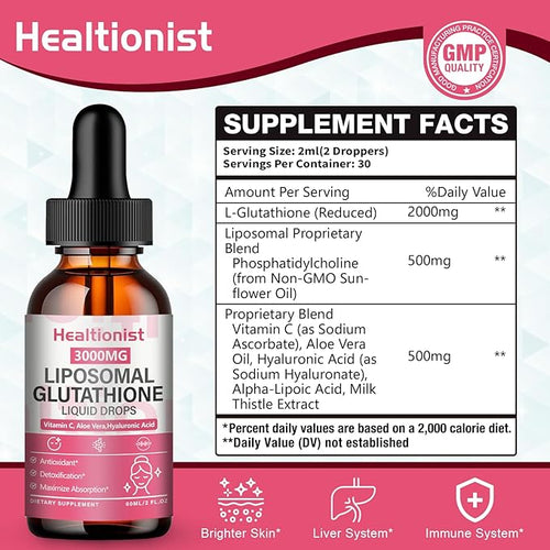 2 Pack 3000mg Liposomal Glutathione Liquid Drops with Vitamin C, 98% Absorption, Glutathione Liposomal Supplement, Powerful Antioxidant Complex for Immune System, Liver, 4 Fl Oz per Bottle