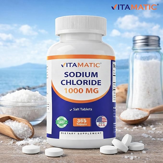 Vitamatic Sodium Chloride 1000mg – 365 Tablets -2 Bottles Electrolyte Replenisher & Hydration Support – Non-GMO, Gluten-Free