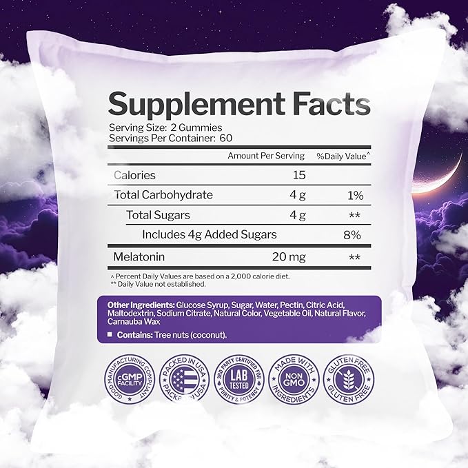 Melatonin 20mg Gummies (120 Count) - Maximum Strength Sleep Support for Adults with 10mg of Melatonin Per Gummy - Gluten-Free, Non-GMO, Vegetarian, Great Tasting Mixed Berry Flavor - 60 Servings