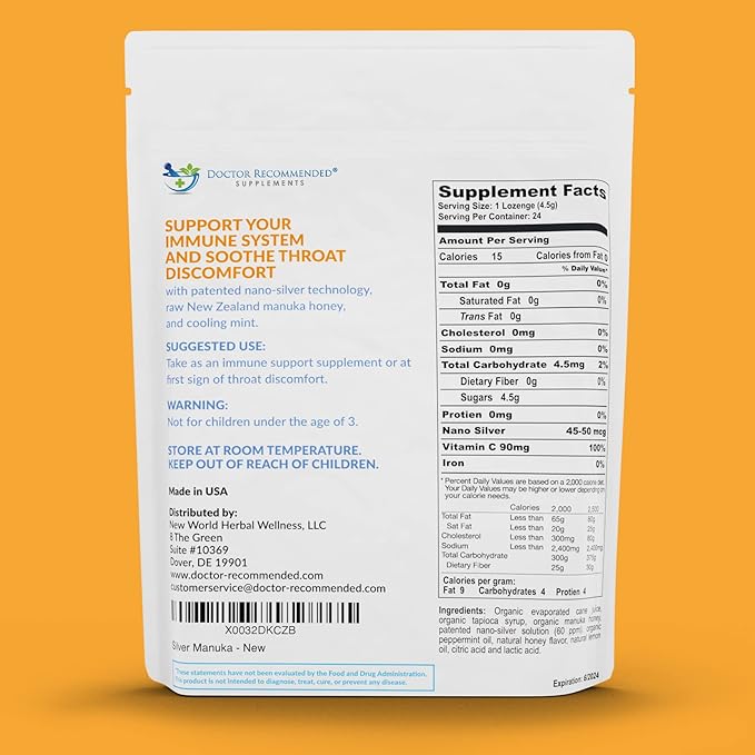 Silver Lozenges with Organic Manuka Honey and Vitamin C - All-Natural Nano Silver 45-50mcg of 60 PPM Colloidal Mineral Drops to Support Immune System, Soothe, Cool Cough & Throat, 96-Lozenges