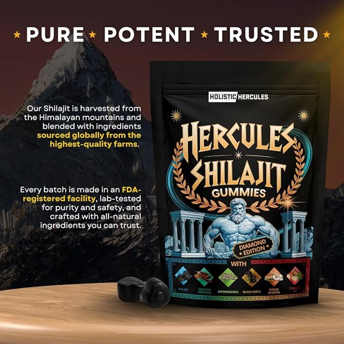 Holistic Hercules Himalayan Gold Shilajit Gummies with Ashwagandha Black Maca Tongkat Ali Panax Ginseng Mucuna | 100% Natural Organic | Vegan Non-GMO Sugar-Free (30)