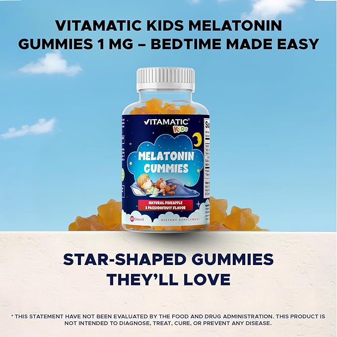 Vitamatic Sugar Free Kids Melatonin 1mg, 90 Gummies, Pineapple & passionfruit Flavored Gummies, 90 Days Supply (Pack of 2)