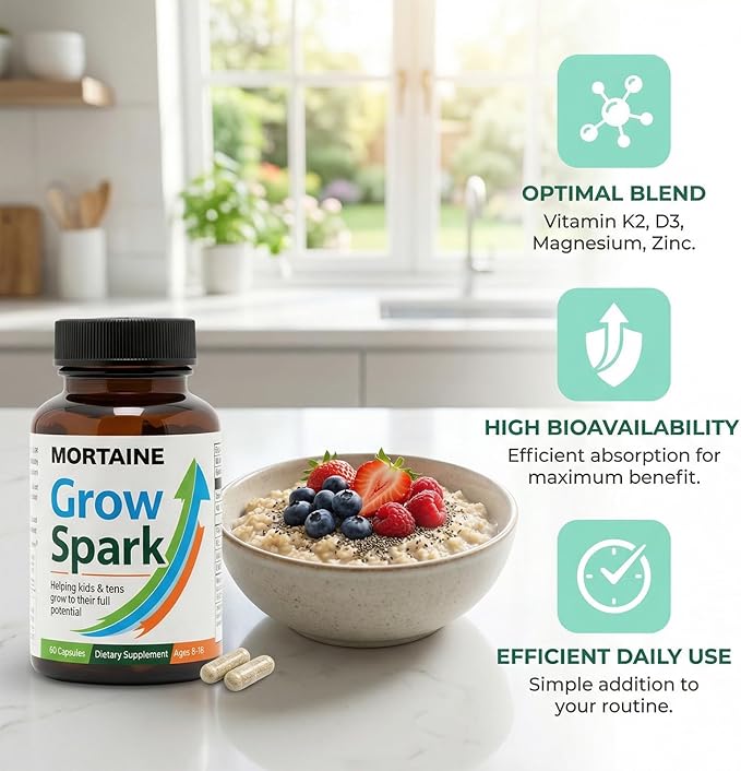 Mortaine Grow Spark Supplement, Nutrient Support Blend with Vitamin K2, Magnesium & Zinc for Bone Support - 60 Capsules