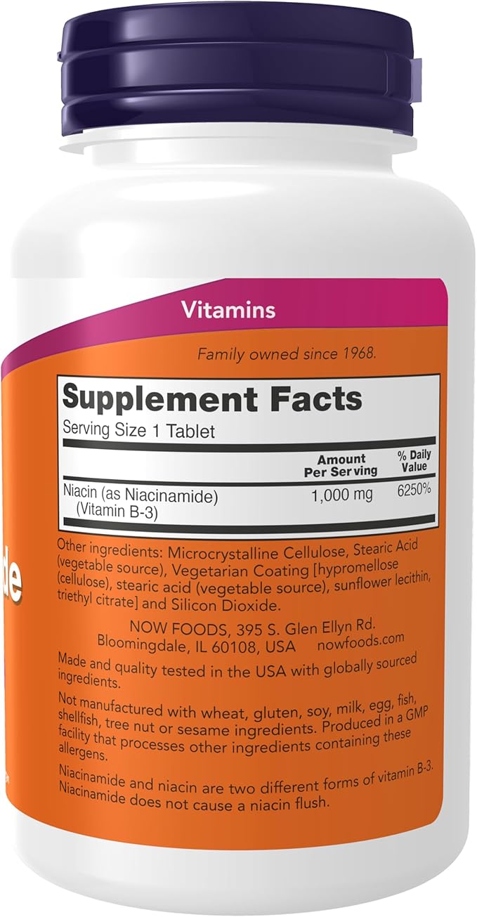 Now Foods Supplements, Niacinamide (Vitamin B-3) 1000 mg, Energy Production*, 90 Tablets, White, Off-White
