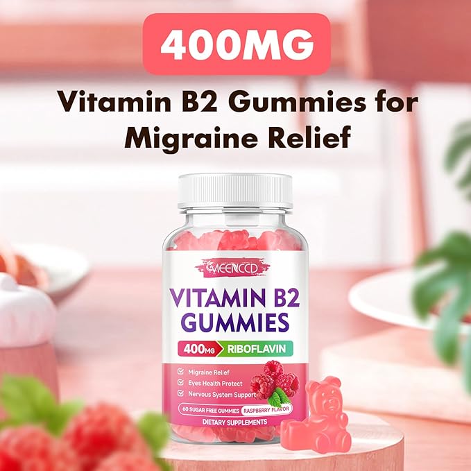 MEENCCD Vitamin B2 Gummies Riboflavin 400mg Supplement with Magnesium for Kids & Adults, B2 Gummies for Migraine Relief & Nervous System Support, Vegan, Sugar-Free, Raspberry Flavor, 60 Count