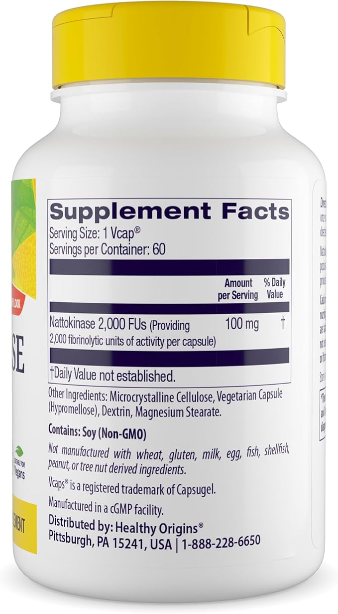 Healthy Origins Nattokinase 2,000 FUs, 100 mg - Nattokinase Supplement - Vegan, Non-GMO & Gluten-Free Nattokinase - 60 Veggie Capsules