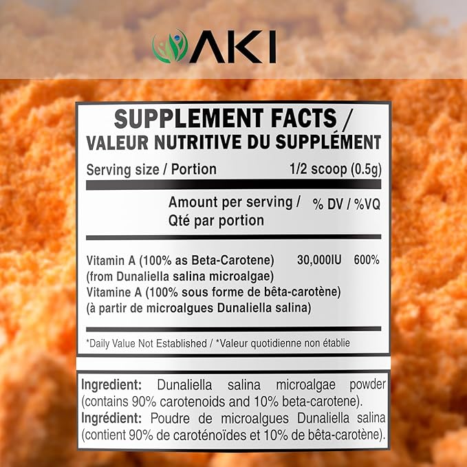 AKI Beta Carotene 10% Powder (1.5oz/42.52g) Highly Concentrated flavouring Fount of Vitamin A, May Helps to Support Body Functions, Skin, Immune System and Eye - GMO Free & Vegan Friendly