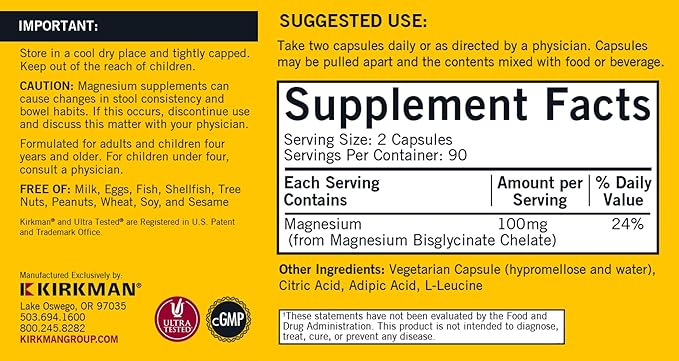 Kirkman - Magnesium Bisglycinate Buffered Chelate - 180 Capsules - Relaxes Nerves & Muscles - Promotes Restful Sleep - Hypoallergenic