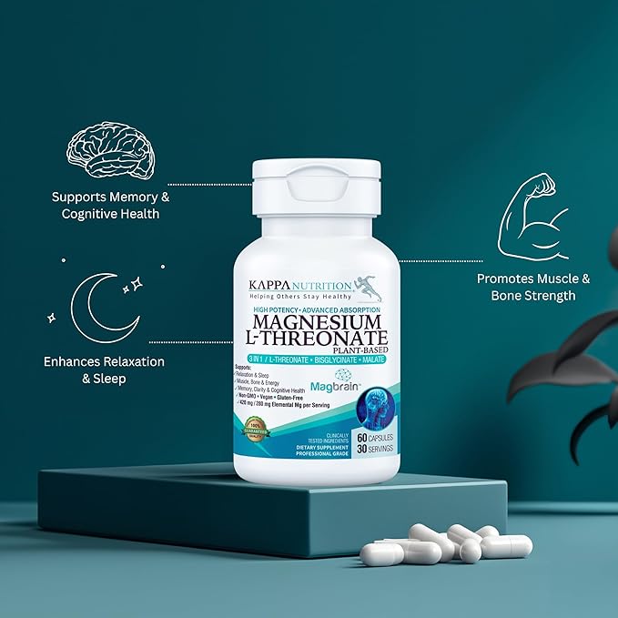 Kappa Nutrition Powered by Magbrain™ Magnesium L-Threonate Plant-Based, 60 Vegan Capsules, 420mg Elemental Magnesium (3 Capsules) from 2,253mg, Brain, Sleep & Muscle Support.