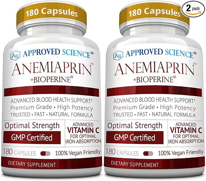 Approved Science Anemiaprin - Absorbable Iron, Vitamin C - Gentle On Stomach - 380 Capsules - 6 Month Supply - Non-GMO, Vegan