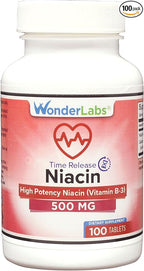 Wonder Laboratories High Potancy Time Release Niacin (Vitamin B3) 500 Mg 100 Tablets Non-GMO, Gluten Free Supplement