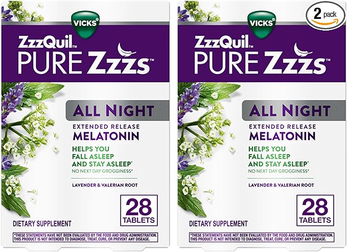 ZzzQuil Pure Zzzs All Night Extended Release, Melatonin Sleep Aid Tablets, Helps You Stay Asleep Longer, Sleep Aid for Adults, 2 mg per Tablet, 56 Total Tablets (2 Packs of 28)