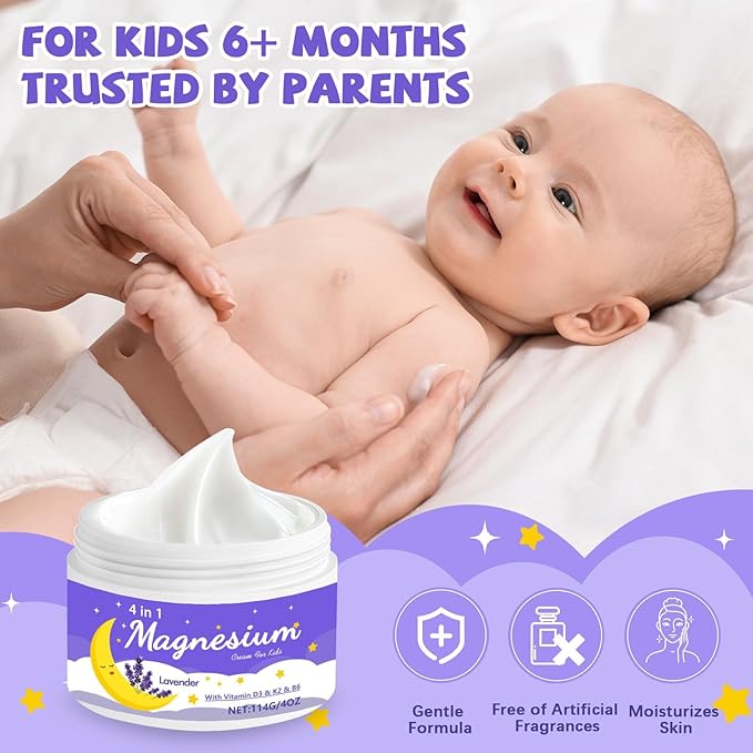 Magnesium Lotion for Kids & Babies, Lavender Magnesium Cream for Sleep, Natural Soothing Moisturizing Butter, Easy for Arms & Legs, Calms & Relaxes, All Night Relaxation (4 oz, Lavender)