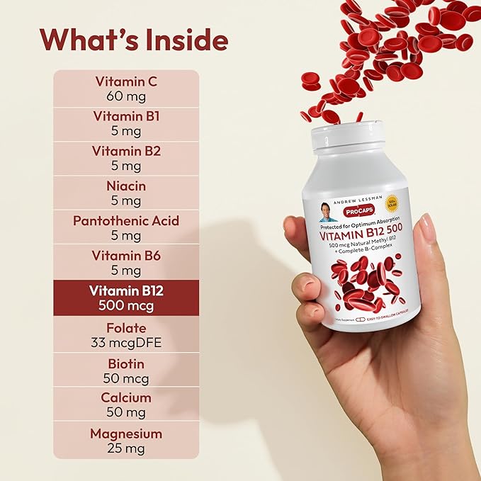 ANDREW LESSMAN Vitamin B12 500 360 Capsules - Absorption-Protected Methylcobalamin (Natural Coenzyme Vitamin B12), Essential for Energy and Stress Support, Plus B-Complex, Easy to Swallow Capsules
