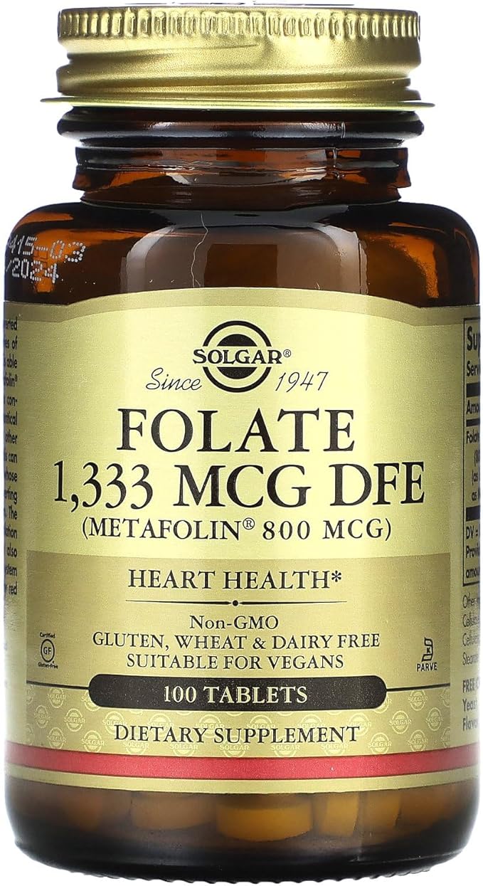 Solgar Folate 1,333 mcg DFE (Metafolin 800 mcg) - 100 Tablets - Prenatal Vitamin - Non-GMO, Gluten Free, Dairy Free, Kosher - 100 Servings