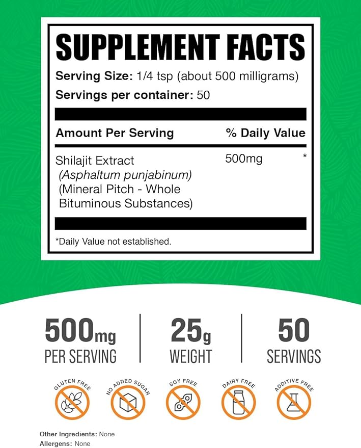 BulkSupplements.com Shilajit Extract Powder - Fulvic Acid Supplement, Shilajit Supplement - Gluten Free, 500mg per Serving of Shilajit Powder, 25g (0.88 oz) (Pack of 1)