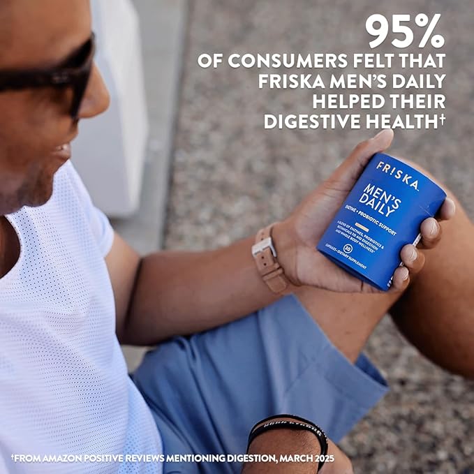 Friska Men’s Daily Gut Support - Digestive Enzymes, Probiotics to Help Break Down Foods, Supports Energy & Nutrient Absorption with Vitamins B6 & B12, 30 Capsules, Packaging May Vary