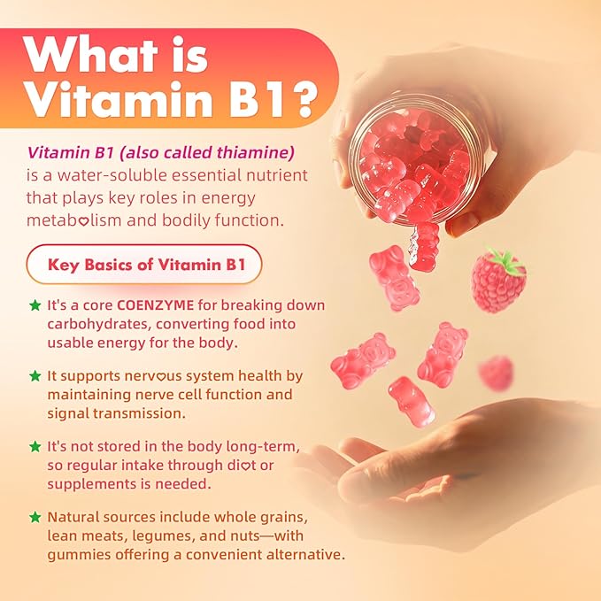 MEENCCD 2 Pack Vitamin B1 Gummies 500mg, Thiamine B1 Supplement Supports Energy Production, B1 Vitamin for Adults & Kids, Sugar-Free, Vegan, Raspberry Flavor, 120 Count