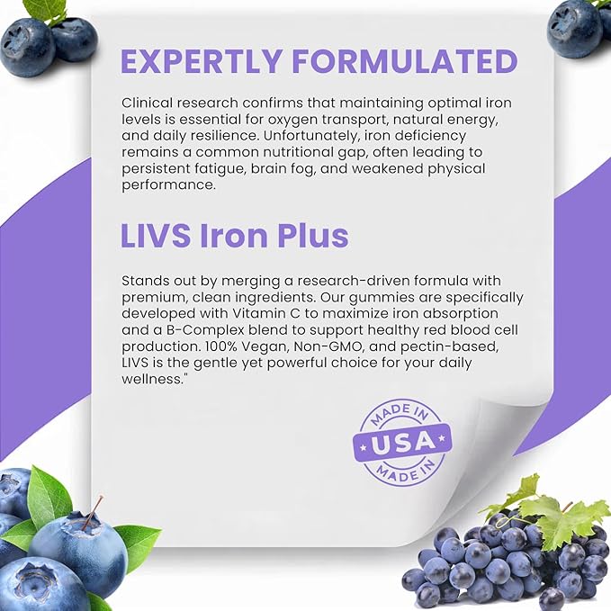 LIVS Iron Plus Gummies – 20mg Gentle Iron Supplement for Women & Men – Anemia Support – Vitamin C for Absorption – Biotin, Folate & B12 for Energy – Gluten Free, Vegan, Halal & Kosher – 180 Count