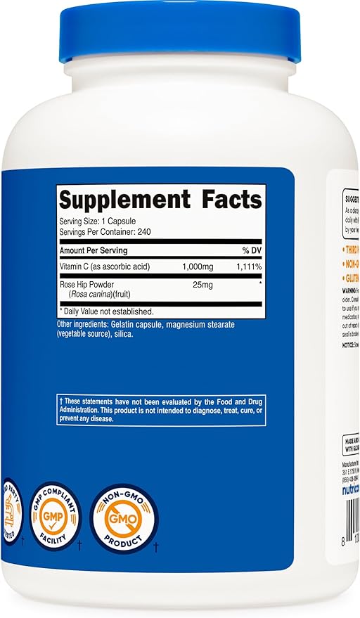 Nutricost Vitamin C with Rose HIPS 1025mg, 240 Capsules (3 Bottles) - Premium Non-GMO, Gluten Free Vitamin C Supplement
