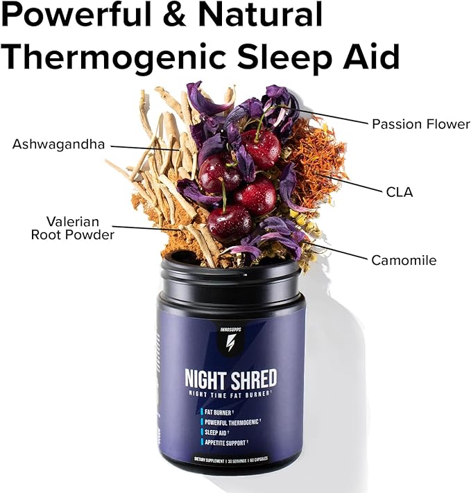 InnoSupps Night Shred Fat Burner and Natural Sleep Support | Ashwaganda, 5-HTP, CLA, Melatonin | Appetite Suppressant | Weight Loss Support Nighttime Fat Burning (60 Vegetarian Capsules)