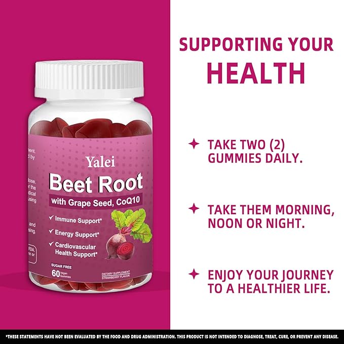 Beet Root Gummies for Blood Pressure | Sugar-Free | Beetroot Supplement with 1000 mg Beet Root, 1000 mg Grape Seed Extract & 200 mg CoQ10 | Vegan Non-GMO | Strawberry Flavor