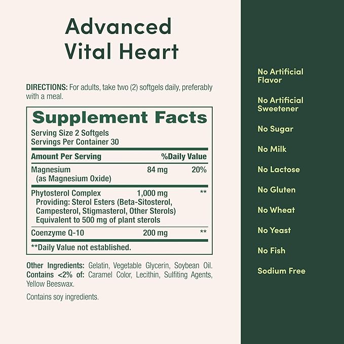 Nature’s Bounty Advanced Vital Heart with CoQ10 + Magnesium, Antioxidant, Supports Healthy Blood Pressure, Cholesterol, Circulation, Triple Action Formula, CoQ10, Magnesium Supplement, 60 Softgels