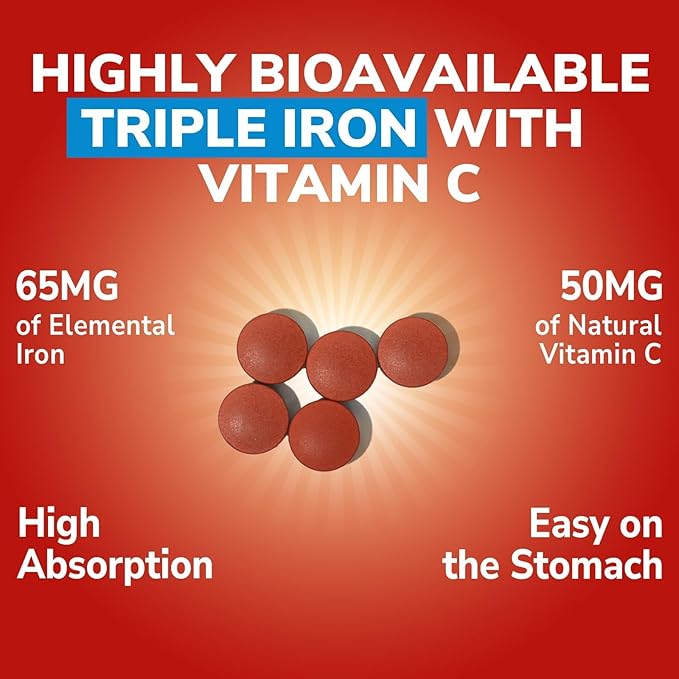 Iron Supplement, 3-in-1 65mg Iron Complex Ferrous Bisglycinate, Sulfate, Carbonyl Iron with Natural Vitamin C, Stomach Friendly Iron Pills for Blood Building, High Absorption, Non GMO, 60 Vegan Tabs
