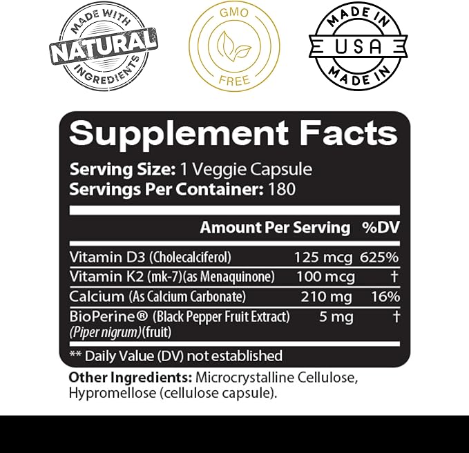 Kaya Naturals Vitamins K2 with D3 5000IU Supplement for Men and Women - Easy to Swallow - Bioperine Capsules (180 Count (Pack of 1)
