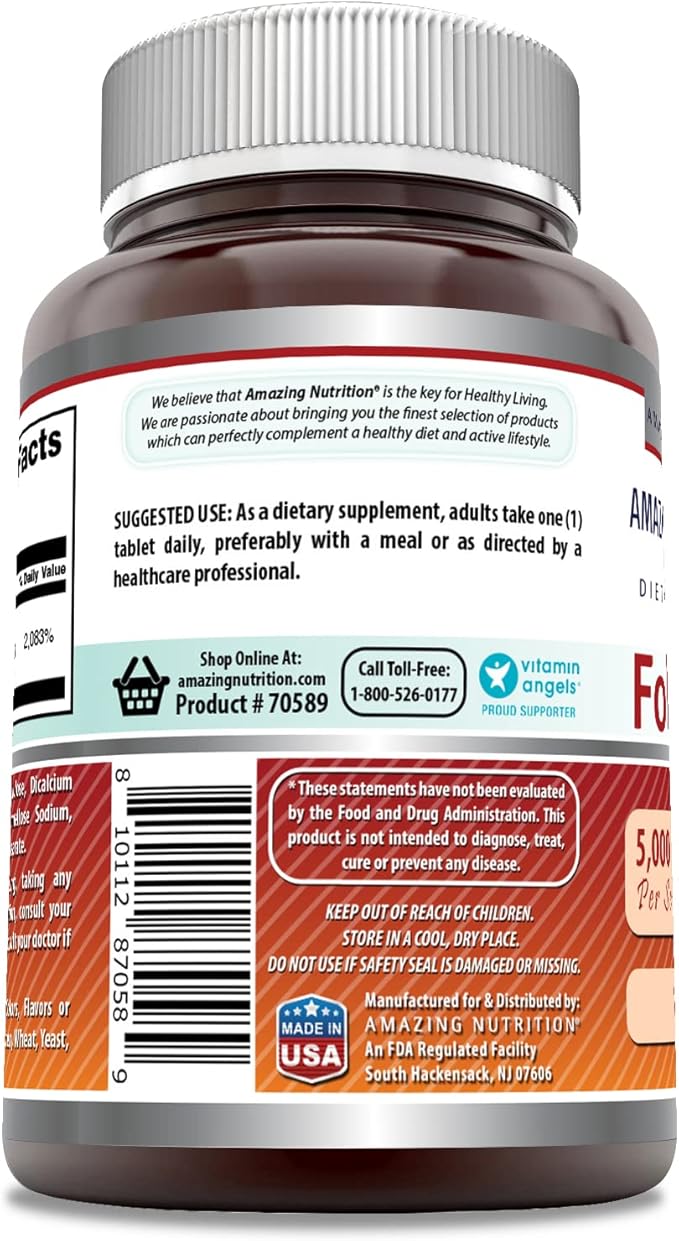 Amazing Formulas Folic Acid 5000 Mcg per Serving | Tablets Supplement | Non-GMO | Gluten-Free | Made in USA (1 Pack | 120 Count)