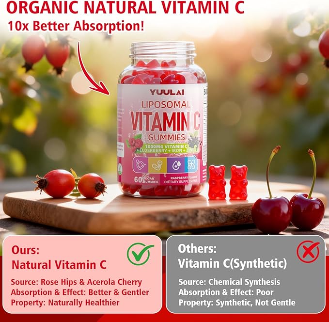 Liposomal Vitamin C 1000mg Gummies for Adults, Vitamin C Chewable with Iron, Zinc & Elderberry for Immune Support & Energy, Sugar Free, RaspberryFlavor, 60 Count
