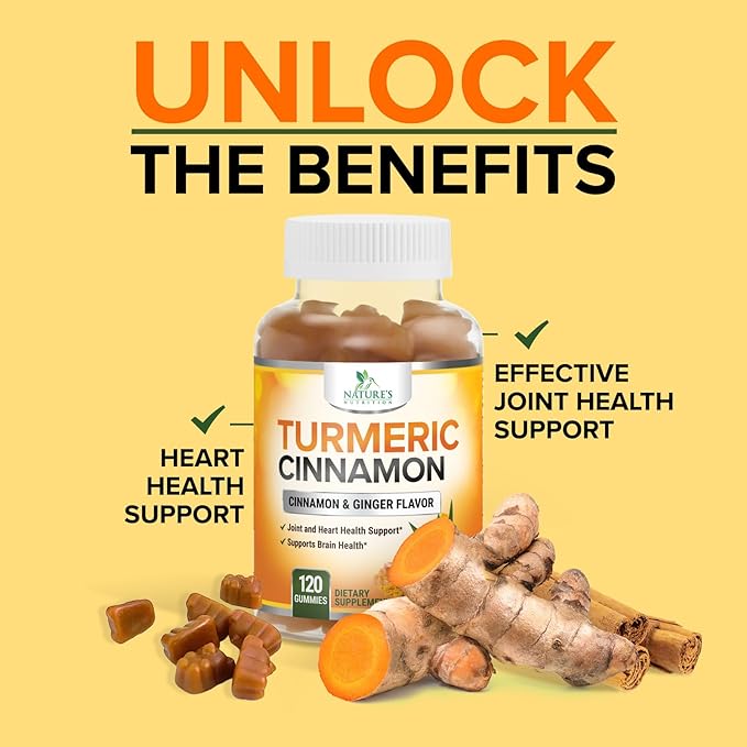 Turmeric Curcumin Supplement Gummies - 95% Curcuminoids with Turmeric Ginger, Black Pepper for Best Absorption, Nature's Vegan Joint Support, Non-GMO, Gluten Free, Tasty Cinnamon Flavor - 120 Gummies