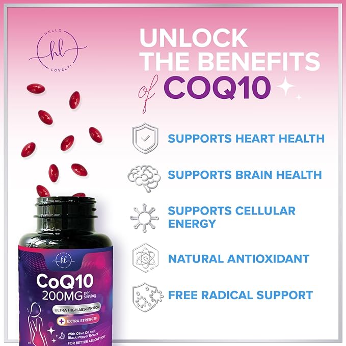 Coenzyme Q10 200mg per Serving Supplement - Ultra High Absorption, Antioxidant for Heart Health & Energy Production Support - CoQ10 (Ubiquinone) Co Q 10 Supplement & Vitamins 100mg Each - 120 Softgels