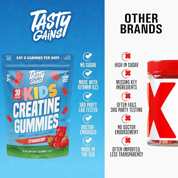 TASTY GAINS Kids & Teen Creatine Gummies with Vitamin B12 for Growth Support, Easy Chew Daily Supplement, Gummy Vitamins for Kids and Teens, Ages 5+