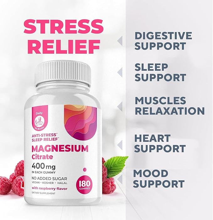 Dr. Moritz Magnesium Gummies for Adults - Low-Sugar 400 mg - Supports restful Sleep- Easy to Chew Adult and Kids Magnesium Citrate Gummies (180 Count) - Raspberry Flavored