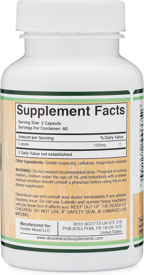 Double Wood Supplements Luteolin Supplement 100mg Servings of Bioactive Flavanoids (120 Capsules, Gluten Free) Potent Polyphenols Flavonoid for Brain and Cardiovascular Support