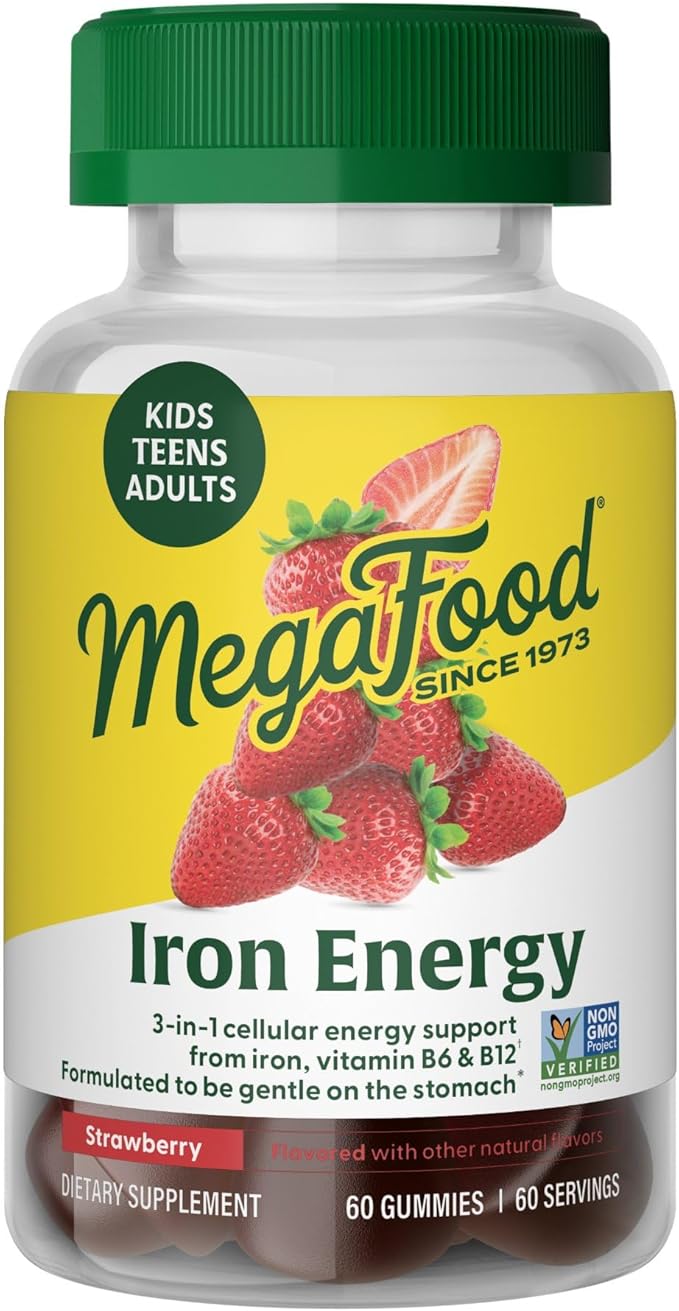 MegaFood Iron Energy Gummies, Iron Supplement for Women, Men, Teens & Kids with Vitamin B12 & B6, Vitamins, from The Makers of Blood Builder Supplement, Strawberry Flavor, 60 Count