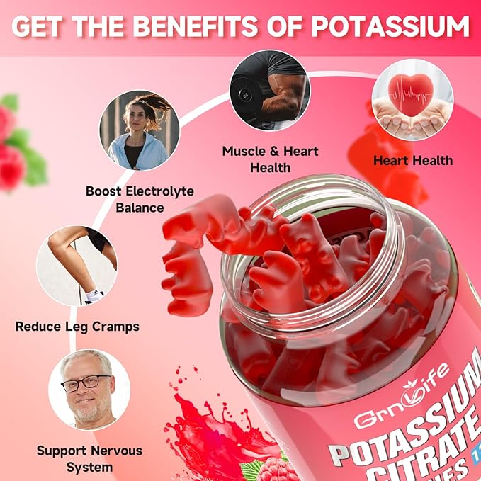 2 Pack Potassium Citrate Gummies, High Potassium Supplement 1200mg Support Leg Cramps & Muscle Health, Potassium Gummies for Adults & Kids, Vegan, Raspberry Flavor 120 Count