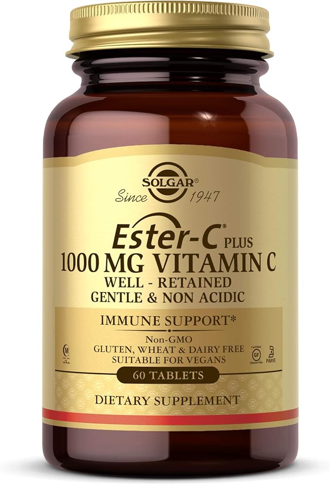 Solgar Ester-C Plus 1000 mg Vitamin C (Ascorbate Complex), 60 Tablets - Gentle On The Stomach & Non Acidic - Antioxidant & Immune System Support - Non GMO, Vegan, Gluten-Free, Kosher - 60 Servings