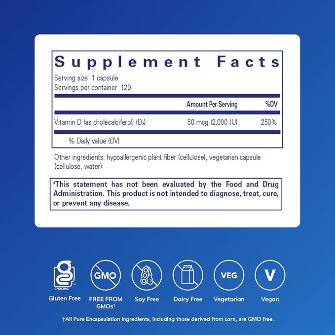 Pure Encapsulations Vitamin D3 Vegan | Support for Musculoskeletal, Cardiovascular, Neurocognitive, Cellular, and Immune Health* | 120 Capsules